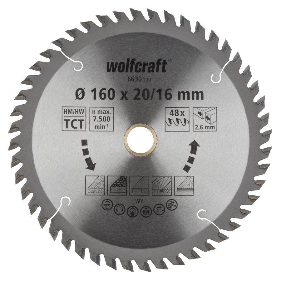 Kotúč pílový HM pre jemné rezy striedavý zub, Z48 ø 165 x 20-16 x 2,6mm wolfcraft 6631000