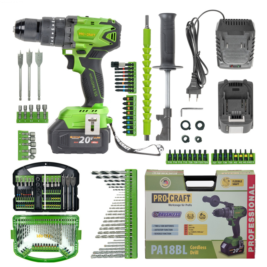 PROCRAFT Bezuhlíková aku príklepová vŕtačka 20V SPA18BL so sadou bitov DBS-101