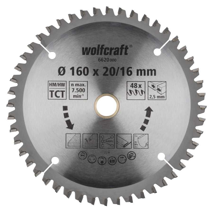 Kotúč pílový HM pre jemné rezy trapézový zub, Z48 ø 165 x 20-16 x 2,5mm, wolfcraft 6621000
