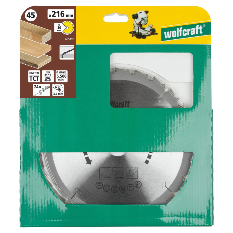 Kotúč pílový HM pre rýchle rezy negatívny zub, Z24 ø 216 x 30 x 3,2mm, wolfcraft 6551000