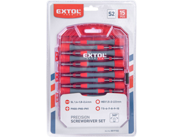 EXTOL PREMIUM 8819182 Skrutkovače hodinárske, 15ks sada, S/PH/TX/HEX 1
