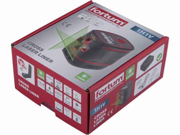 FORTUM 4780208 Laser líniový, krížový samonivelačný, zelený, 1H1V, Li-ion akumulátor 4