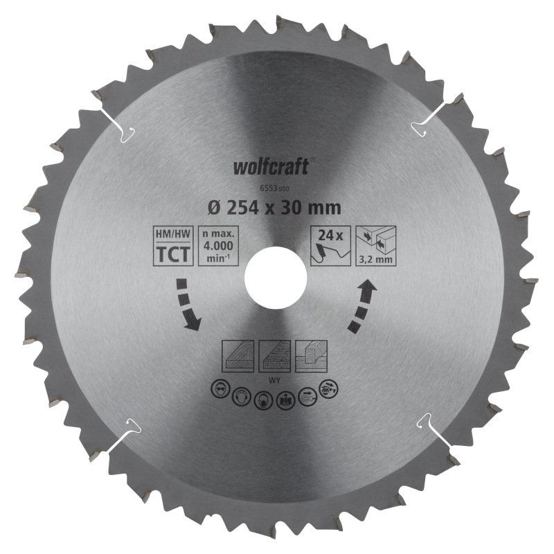 Kotúč pílový HM pre rýchle rezy negatívny zub, Z24 ø 254 x 30 x 3,2mm, wolfcraft 6553000