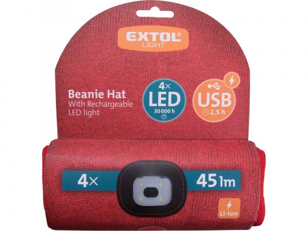 EXTOL Čiapka s čelovým svetlom, 4x LED, 45lm červená 43198