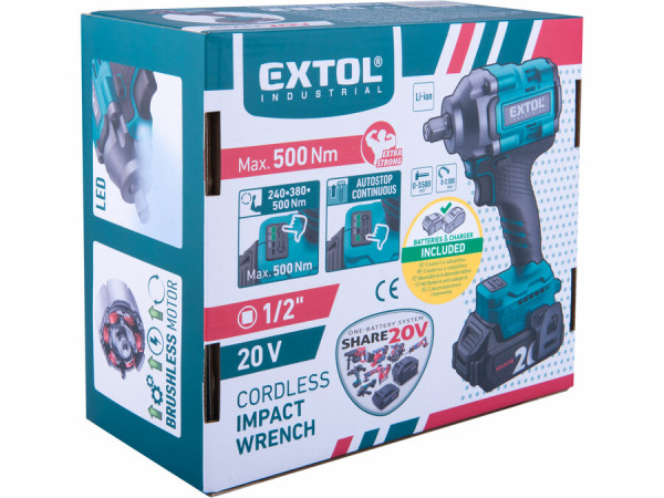 EXTOL INDUSTRIAL 8791814 Uťahovač rázový Share20V, 1x 2Ah, 1/2" štvorhran, 500Nm 9