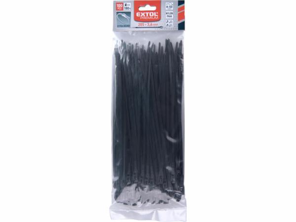 EXTOL PREMIUM 8856232 Pásky sťahovacie čierne, nízkoprofilový zámok 3,6x205mm, nylon PA66 1