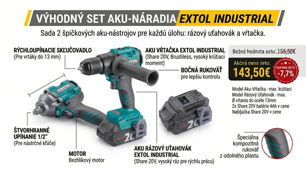 EXTOL INDUSTRIAL SET Aku vŕtačka s príklepom/uťahovač razový Share20V, 2x 2Ah,8791804-15