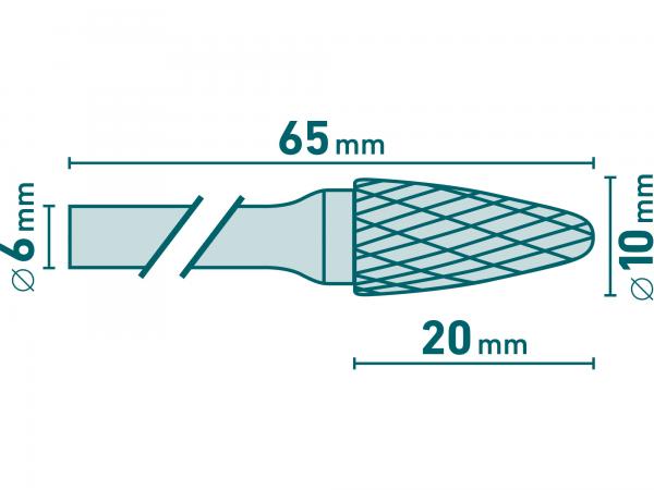 Fréza karbidová kovexná, polguľaté čelo, pr. 10mm, rezná dĺžka 20mm, stopka 6mm, celková dĺžka 65mm