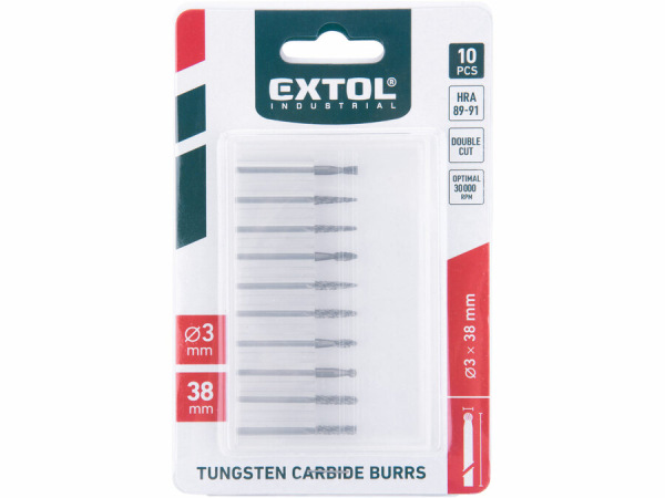 EXTOL INDUSTRIAL 8703800 Sada karbidových fréz, 10ks, ø3mm, stopka ø3mm, celková dĺžka 38m 1