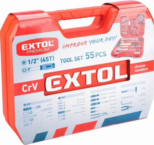 EXTOL PREMIUM Sada náradia, 100-dielna, 1/2" a 1/4", skrutkovače, kliešte, kľúče, kladivo 8818411 3