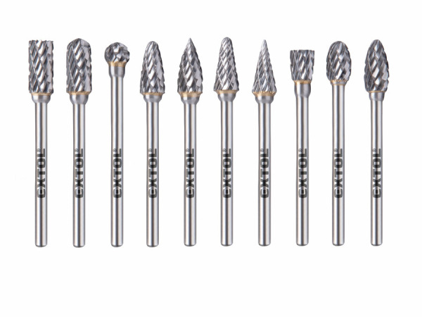 EXTOL INDUSTRIAL 8703810 ada karbidových fréz, 10ks, ø6mm, stopka ø3mm, celková dĺžka 50mm