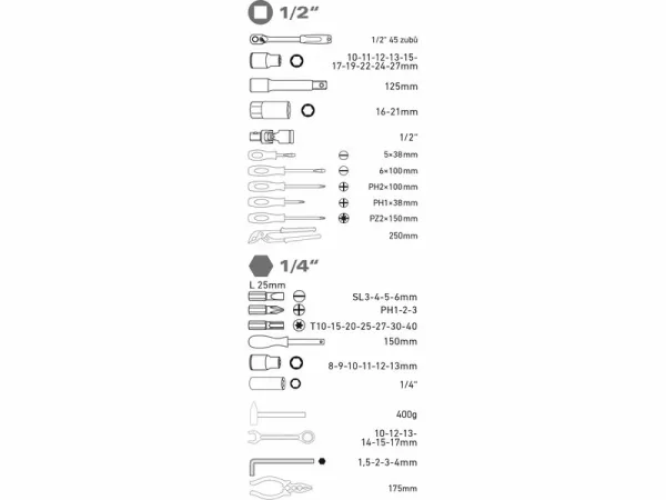 EXTOL PREMIUM Sada náradia, 100-dielna, 1/2" a 1/4", skrutkovače, kliešte, kľúče, kladivo 8818411 1