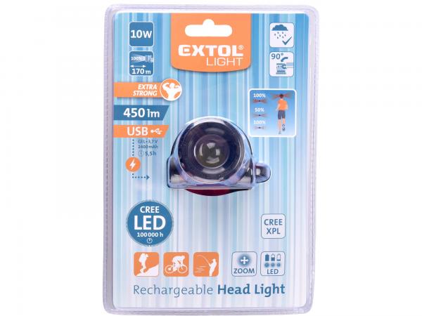 EXTOL Čelovka CREE XPL LED, 450lm, 3,7V Li-Po 2,4Ah, nabíjanie cez USB 43190