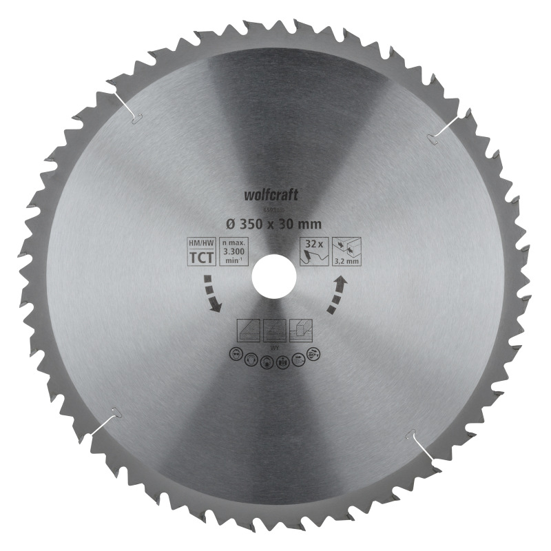 Kotúč pílový HM pre rýchle rezy striedavý zub, Z32 ø 350 x 30 x 3,2mm, wolfcraft 6593000