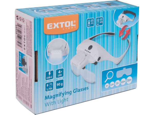 EXTOL CRAFT Okuliare s lupou a LED svetlom, 1-1,5-2-2,5-3,5x zväčšenie, 4 LED, USB 43165 13