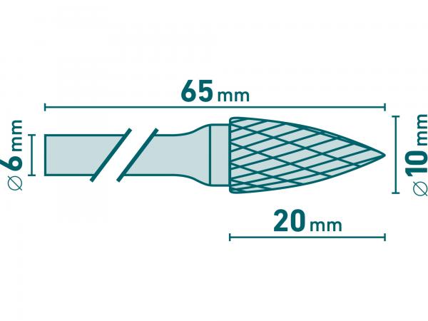 Fréza karbidová kovexná špicatá, pr. 10mm, rezná dĺžka 20mm, stopka 6mm, celková dĺžka 65mm