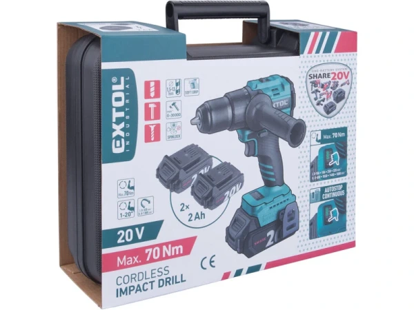 EXTOL INDUSTRIAL SET Aku vŕtačka s príklepom/uhlová brúska 125 Share20V, 2x 2Ah,8791804-41 15