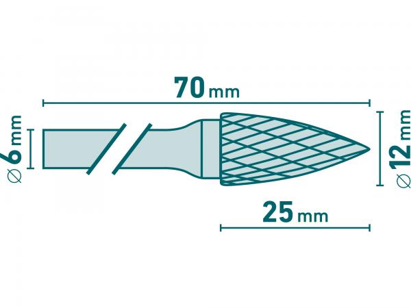 Fréza karbidová kovexná špicatá, pr. 12mm, rezná dĺžka 25mm, stopka 6mm, celková dĺžka 70mm
