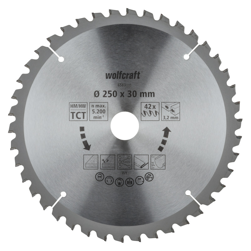 Kotúč pílový HM pre jemné rezy trapézový zub, Z42 ø 250 x 30 x 3,2mm, wolfcraft 6583000