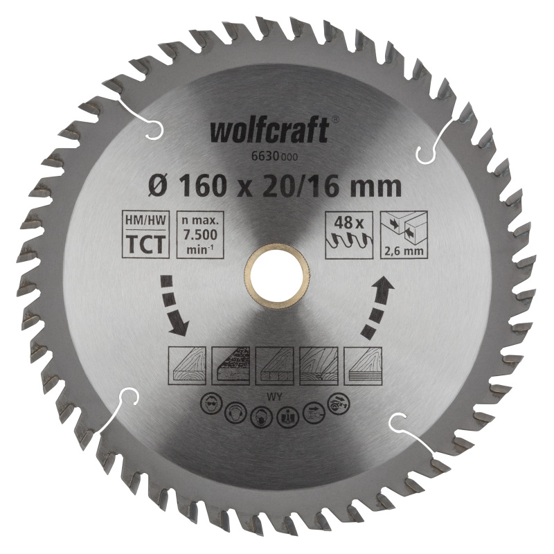 Kotúč pílový HM pre jemné rezy striedavý zub, Z48 ø 160 x 20-16 x 2,6mm, wolfcraft 6630000