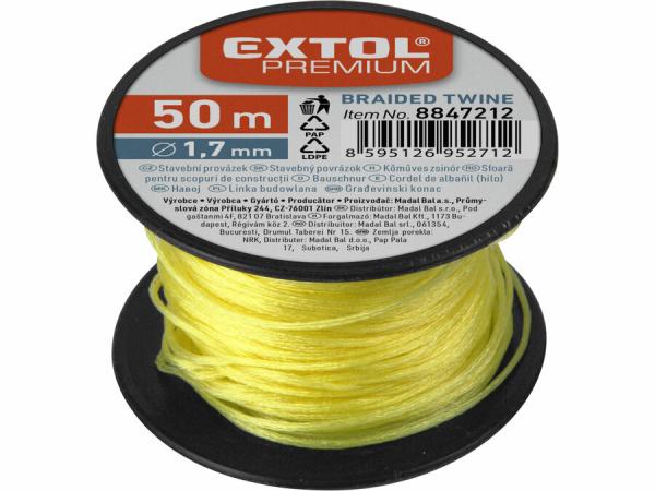 EXTOL PREMIUM Murárska šnúra, cievka, dĺžka 50m, pr.1,7mm, žltá 8847212