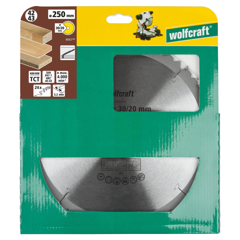Kotúč pílový HM pre rýchle rezy negatívny zub, Z24 ø 250 x 30-20 x 3,2mm, wolfcraft 6552000