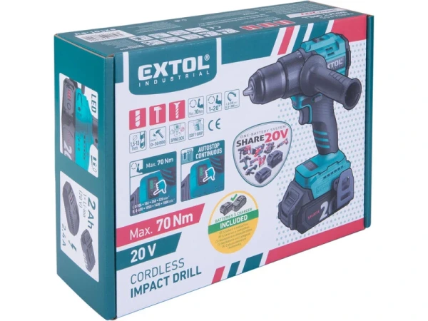 EXTOL INDUSTRIAL 8791806 Vŕtačka s príklepom aku Share20V, 1x 2Ah, 70Nm, bezuhlíkový motor 12