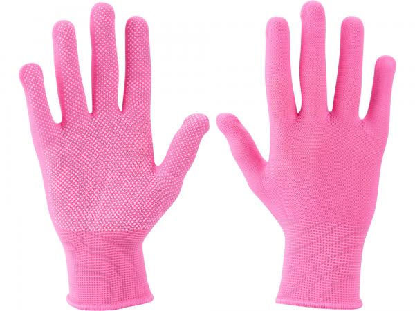 Rukavice z polyesteru ružové s PVC terčíkmi na dlani, 7"
