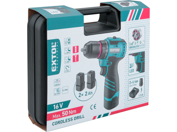 EXTOL INDUSTRIAL Vŕtačka akumulátorová 16V, 2x 2Ah, 50Nm, nabíjačka 1,5A, kufor 8791152 6
