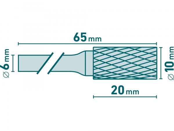 Fréza karbidová valcová, pr. 10mm, rezná dĺžka 20mm, stopka 6mm, celková dĺžka 65mm, HSC/SK