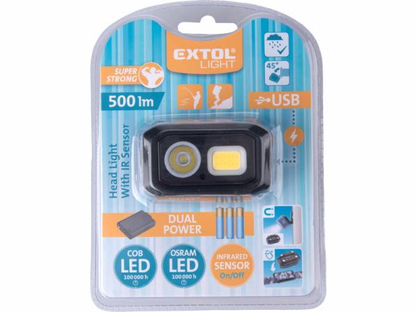 EXTOL LIGHT 43185 Čelovka pohybový senzor 500lm 3,7V/1Ah Lion alebo 3xAAA 9