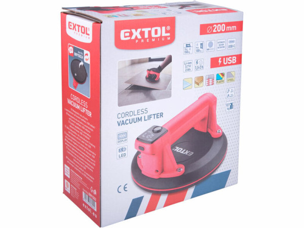 EXTOL PREMIUM 8891502 Prísavka na sklo aku, 200mm, max. 180kg, 3,7V/1,2Ah Lion, USB nabíja 8