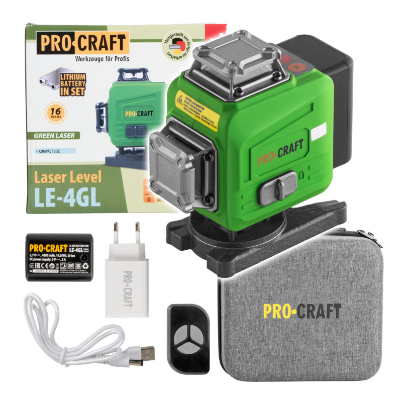 Procraft LE-4GL Zelený čiarový laser, krížová samonivelačná rovina