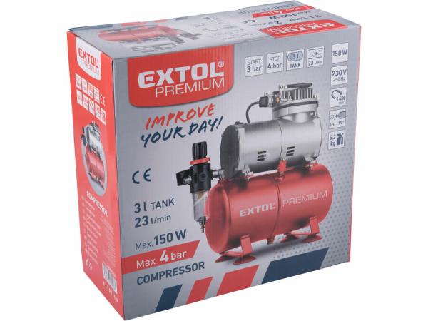 EXTOL PREMIUM 8895301 Kompresor bezolejový, 150W, max. tlak 6bar, nádrž 3l 3