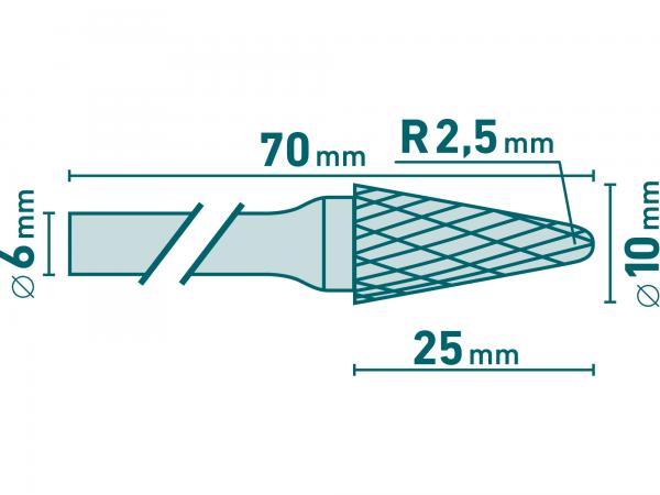 Fréza karbidová kónická, polguľaté čelo, pr. 10mm, rezná dĺžka 20mm, stopka 6mm, celková dĺžka 65mm