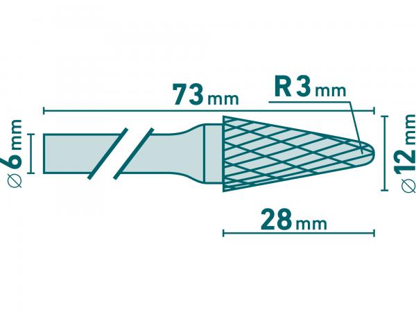 Fréza karbidová kónická, polguľaté čelo, pr. 12mm, rezná dĺžka 25mm, stopka 6mm, celková dĺžka 70mm