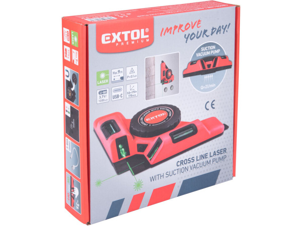 EXTOL PREMIUM 8823303 Uholník laserový s prísavkou, zelený laser, max. 9m, 3,7V Li-ion,USB 10