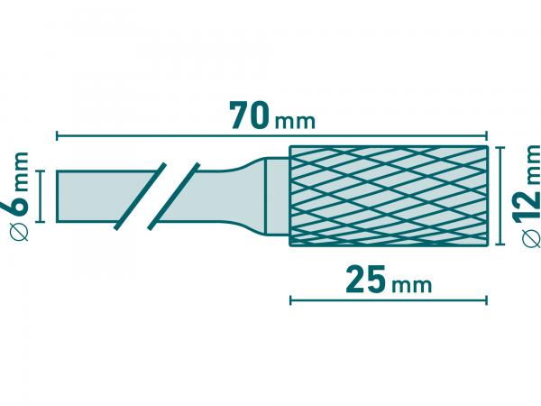 Fréza karbidová valcová, pr. 12mm, rezná dĺžka 25mm, stopka 6mm, celková dĺžka 70mm, HSC/SK