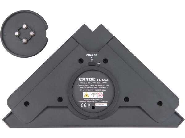 EXTOL PREMIUM 8823303 Uholník laserový s prísavkou, zelený laser, max. 9m, 3,7V Li-ion,USB 9