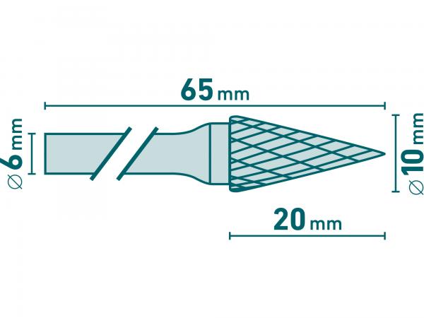 Fréza karbidová kónická špicatá, pr. 10mm, rezná dĺžka 20mm, stopka 6mm, celková dĺžka 65mm