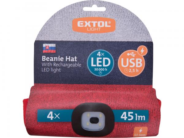EXTOL Čiapka s čelovým svetlom, 4x LED, 45lm trikolóra biela-modra-červená 43451