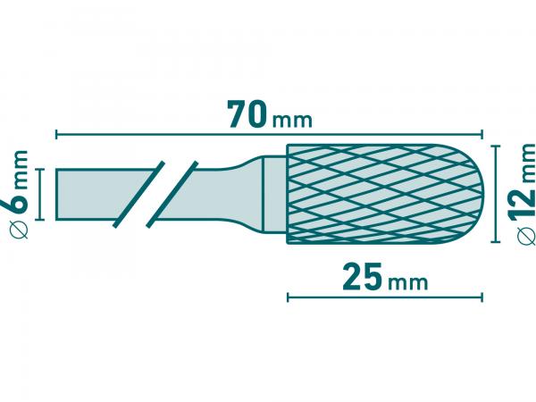 Fréza karbidová valcová, polguľaté čelo, pr. 12mm, rezná dĺžka 25mm, stopka 6mm, celková dĺžka 70mm