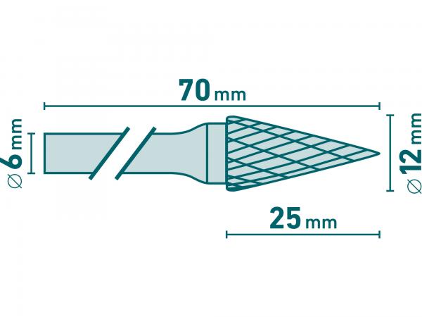 Fréza karbidová kónická špicatá, pr. 12mm, rezná dĺžka 25mm, stopka 6mm, celková dĺžka 70mm