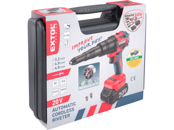 EXTOL PREMIUM Pištoľ nitovacia aku Share20V, 1x 2Ah, 3,2-4,8mm, 12000N, 8891868 11