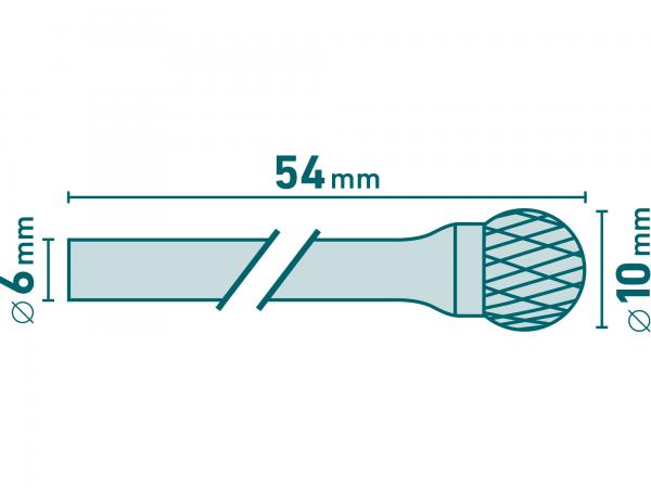 Fréza karbidová guľovitá, pr. 10mm, stopka 6mm, celková dĺžka 54mm, HSC/SK