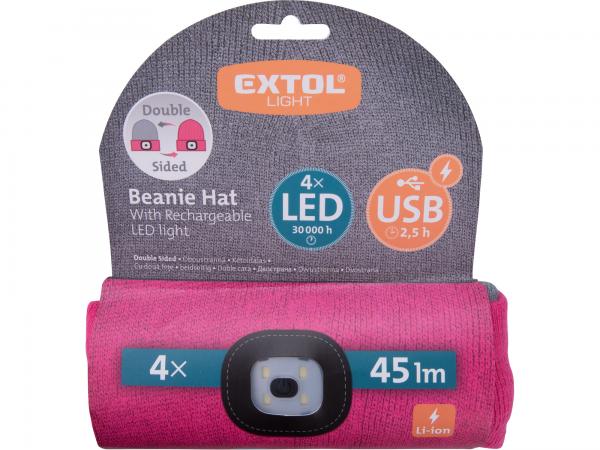 EXTOL Čiapka s čelovým svetlom 4x LED, 45lm obojstranná, ružovo-sivá/ružová 43197